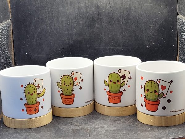 The Pioneer Nursery 4” Ceramic Planter Pot – “Four Aces” Set of 4 Cactus Design with Bamboo Base & Drainage Hole