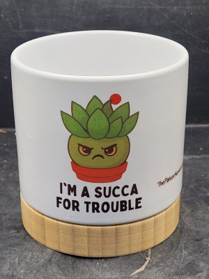 The Pioneer Nursery 4” Ceramic Planter Pot – “I'm A Succa for Trouble” Cactus Design with Bamboo Base & Drainage Hole