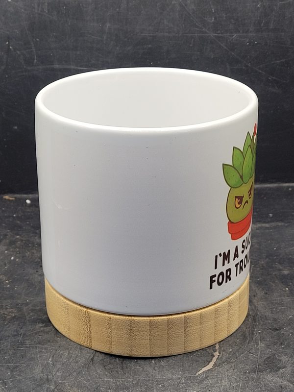 The Pioneer Nursery 4” Ceramic Planter Pot – “I'm A Succa for Trouble” Cactus Design with Bamboo Base & Drainage Hole - Image 2