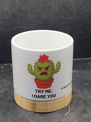 The Pioneer Nursery 4” Ceramic Planter Pot – “Try Me I Dare You” Cactus Design with Bamboo Base & Drainage Hole