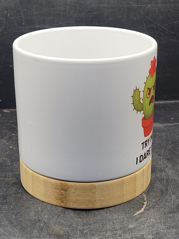 The Pioneer Nursery 4” Ceramic Planter Pot – “Try Me I Dare You” Cactus Design with Bamboo Base & Drainage Hole - Image 3
