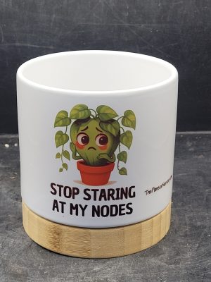 The Pioneer Nursery 4” Ceramic Planter Pot – “Stop Staring At My Nodes” Cactus Design with Bamboo Base & Drainage Hole