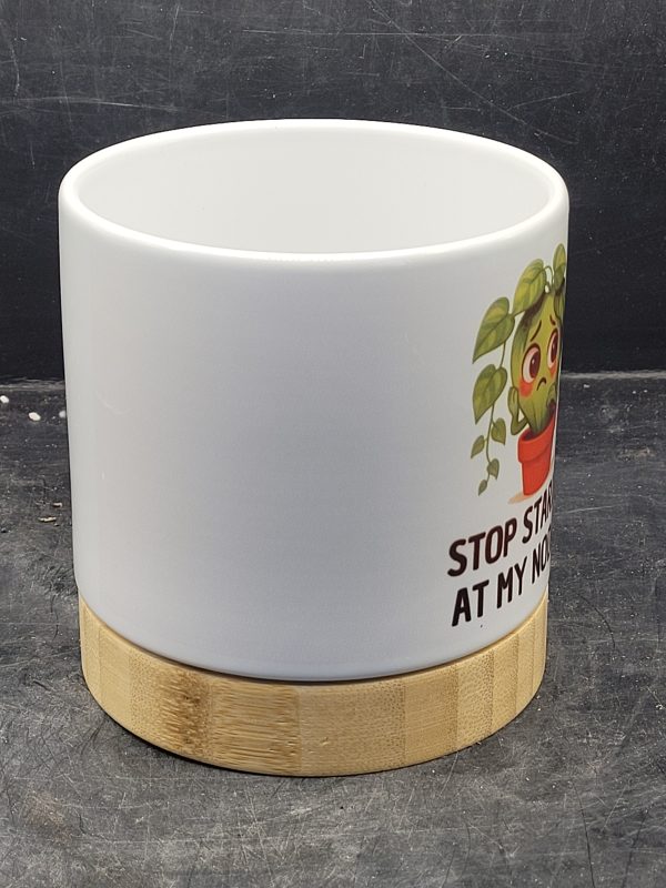 The Pioneer Nursery 4” Ceramic Planter Pot – “Stop Staring At My Nodes” Cactus Design with Bamboo Base & Drainage Hole - Image 2