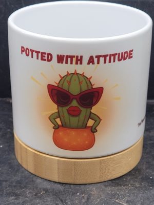 The Pioneer Nursery 4” Ceramic Planter Pot – “Potted With Attitude” Cactus Design with Bamboo Base & Drainage Hole