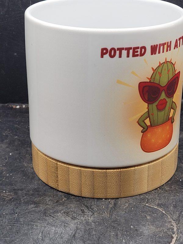The Pioneer Nursery 4” Ceramic Planter Pot – “Potted With Attitude” Cactus Design with Bamboo Base & Drainage Hole - Image 2