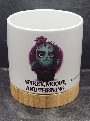 The Pioneer Nursery 4” Ceramic Planter Pot – “Spikey, Moody and Thriving” Cactus Design with Bamboo Base & Drainage Hole
