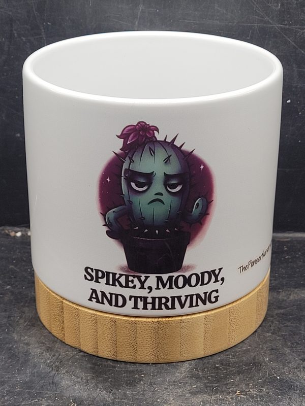 The Pioneer Nursery 4” Ceramic Planter Pot – “Spikey, Moody and Thriving” Cactus Design with Bamboo Base & Drainage Hole