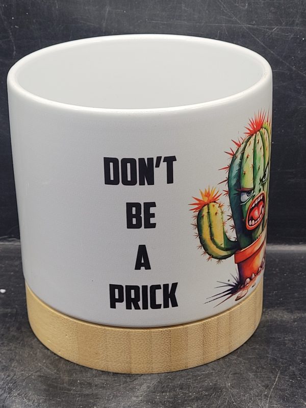 The Pioneer Nursery 4” Ceramic Planter Pot – “Don't Be A Prick” Cactus Design with Bamboo Base & Drainage Hole - Image 5