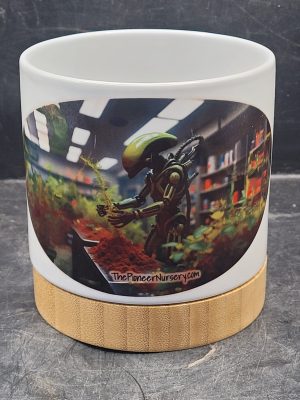 The Pioneer Nursery 4” Ceramic Planter Pot – “Growbot” Cactus Design with Bamboo Base & Drainage Hole