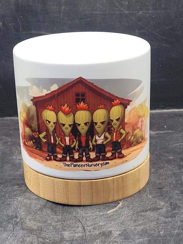 The Pioneer Nursery 4” Ceramic Planter Pot – “The Prickston Boys” Cactus Design with Bamboo Base & Drainage Hole