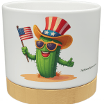 The Pioneer Nursery 4” Ceramic Planter Pot – “Stars, Spikes & Stripes” Cactus Design with Bamboo Base & Drainage Hole