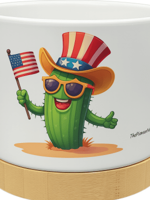 The Pioneer Nursery 4” Ceramic Planter Pot – “Stars, Spikes & Stripes” Cactus Design with Bamboo Base & Drainage Hole