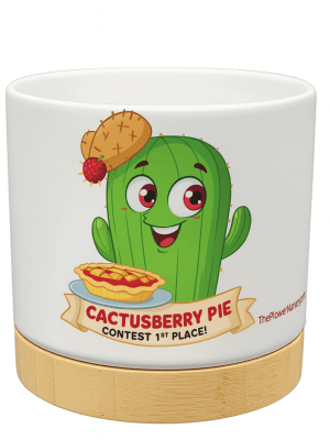 The Pioneer Nursery 4” Ceramic Planter Pot – “Cactusberry Pie” Cactus Design with Bamboo Base & Drainage Hole