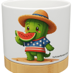 The Pioneer Nursery 4” Ceramic Planter Pot – “Stars, Stripes & Watermelon Bites” Cactus Design with Bamboo Base & Drainage Hole