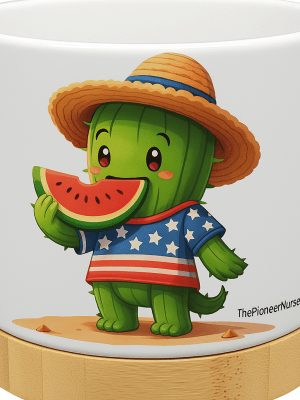 The Pioneer Nursery 4” Ceramic Planter Pot – “Stars, Stripes & Watermelon Bites” Cactus Design with Bamboo Base & Drainage Hole