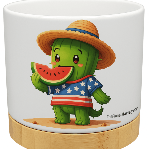 The Pioneer Nursery 4” Ceramic Planter Pot – “Stars, Stripes & Watermelon Bites” Cactus Design with Bamboo Base & Drainage Hole