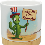 The Pioneer Nursery 4” Ceramic Planter Pot – “Take Me To Your Fireworks” Cactus Design with Bamboo Base & Drainage Hole