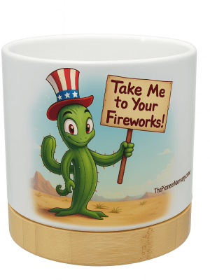 The Pioneer Nursery 4” Ceramic Planter Pot – “Take Me To Your Fireworks” Cactus Design with Bamboo Base & Drainage Hole