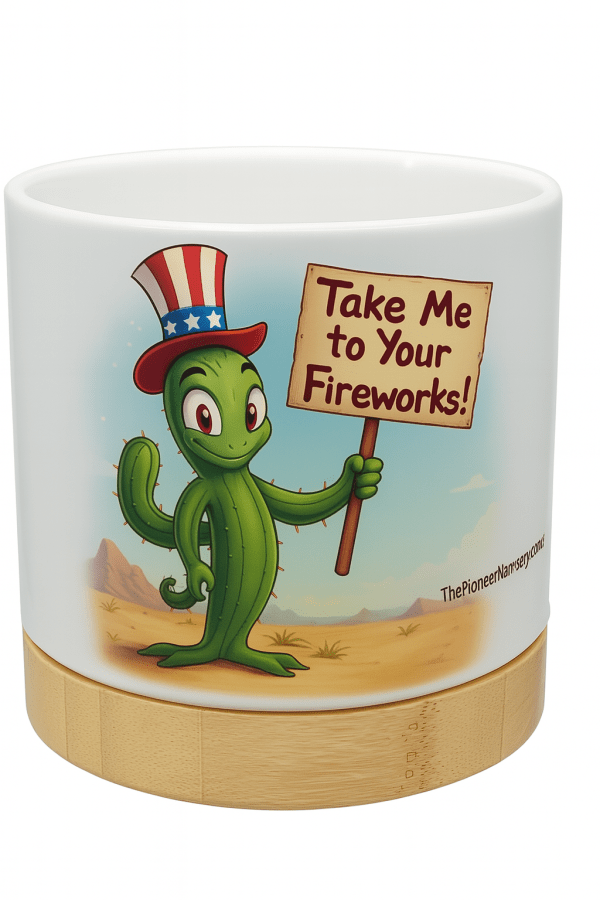 The Pioneer Nursery 4” Ceramic Planter Pot – “Take Me To Your Fireworks” Cactus Design with Bamboo Base & Drainage Hole