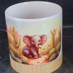 Ceramic Pot White with Bamboo Base with Cute Elephant  Cactus Image, 4 Inch