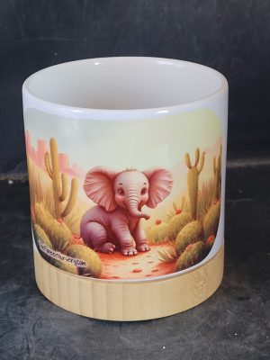 Ceramic Pot White with Bamboo Base with Cute Elephant  Cactus Image, 4 Inch - Elephant