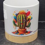 Ceramic Pot White with Bamboo Base with Funny Cactus  Fools  Images, 4 Inch