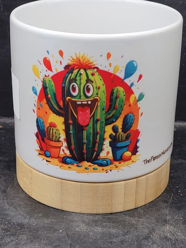 Ceramic Pot White with Bamboo Base with Funny Cactus  Fools  Images, 4 Inch - Image 2
