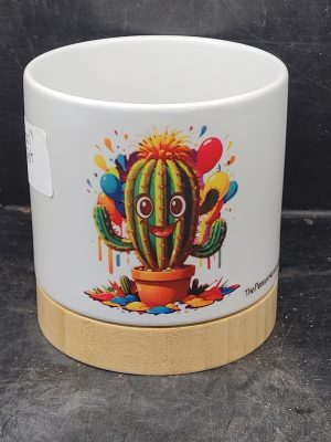 Ceramic Pot White with Bamboo Base with Funny Cactus  Fools  Images, 4 Inch - April Fools In a Pot Cactus