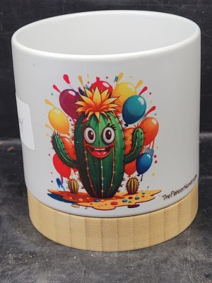 Ceramic Pot White with Bamboo Base with Funny Cactus  Fools  Images, 4 Inch - Fool with Spiky Hair Cactus