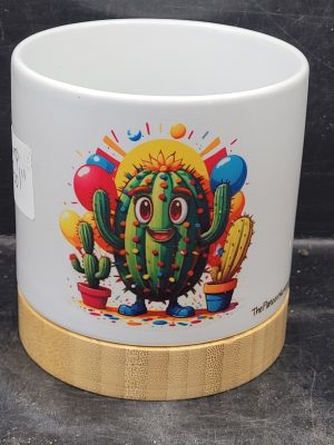 Ceramic Pot White with Bamboo Base with Funny Cactus  Fools  Images, 4 Inch - Plump Fool Cactus