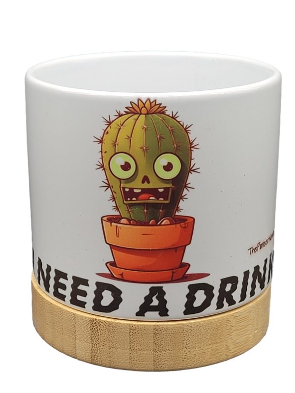 Ceramic Pot White with Bamboo Base Hilarious Cactus Images and Sayings, 4 Inch