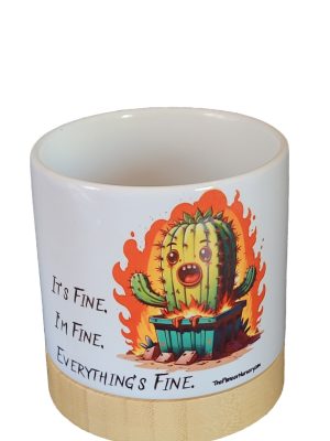 Ceramic Pot White with Bamboo Base with Dumpster Fire Image, 4 Inch - Dumpster Fire