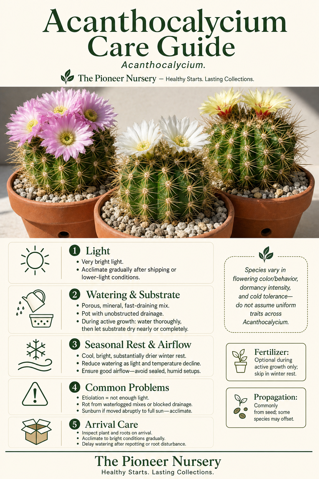 Acanthocalycium genus care guide showing representative flowering cacti with bright light, mineral soil, careful watering, winter rest, and propagation guidance.