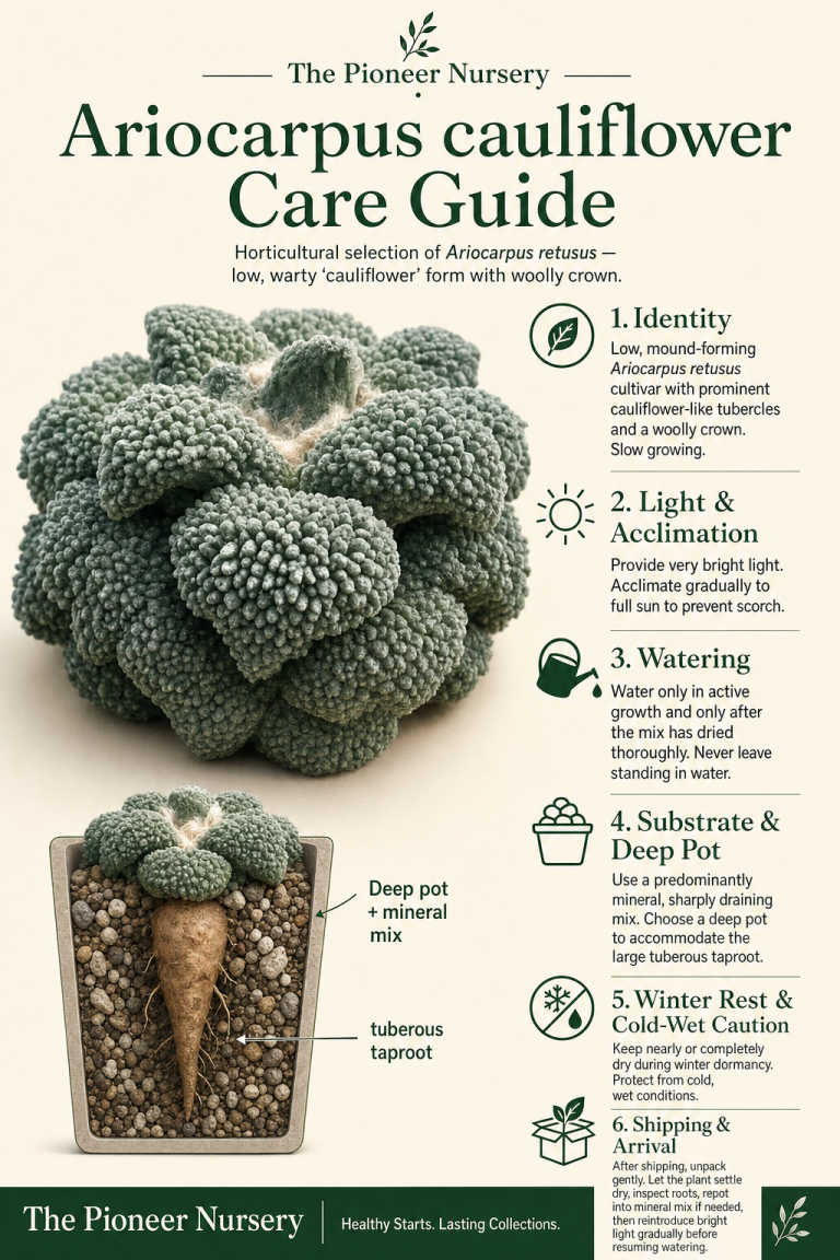 Ariocarpus cauliflower, a warty Ariocarpus retusus selection, shown with care guidance for light, mineral soil, watering, deep pots, and winter dormancy.