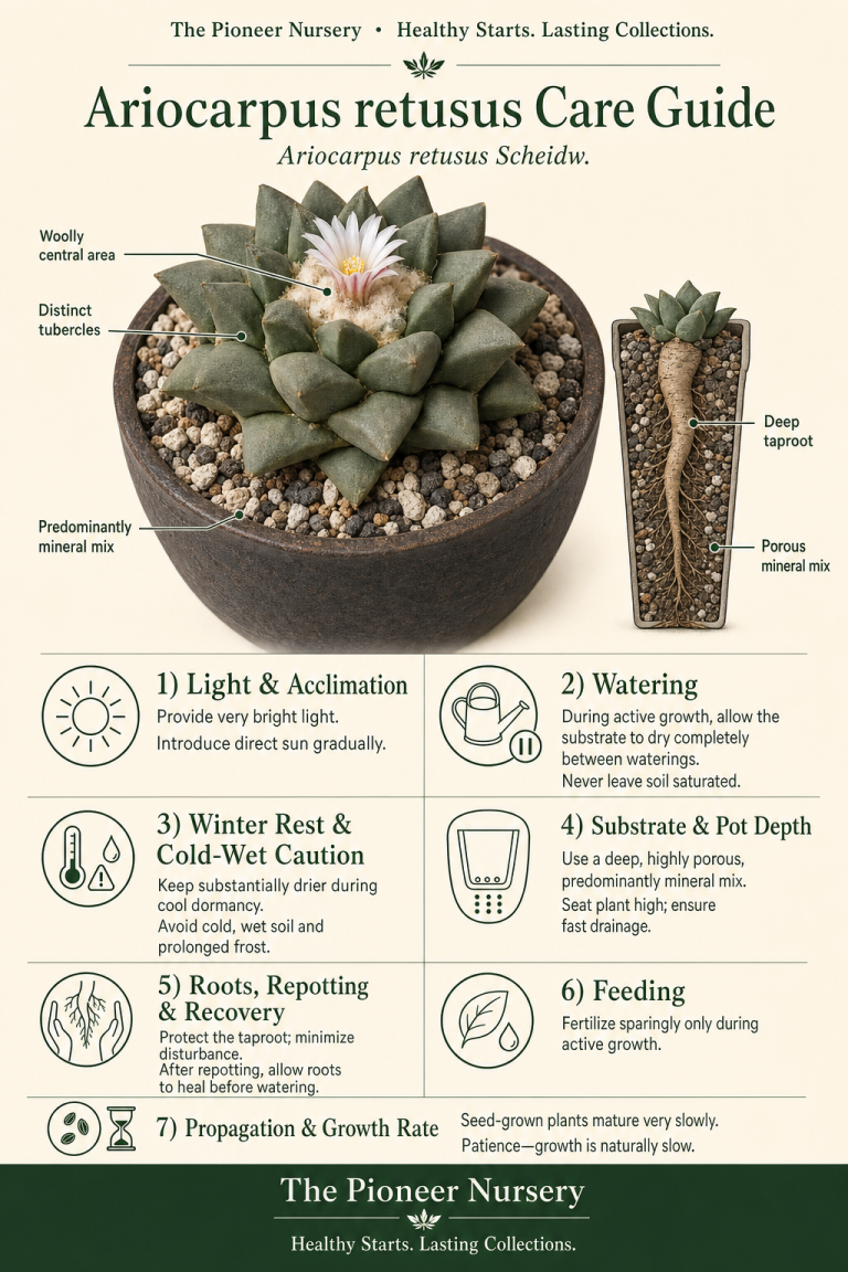 Ariocarpus retusus living rock cactus with succulent tubercles, woolly center, and low geophytic growth form in a mineral substrate