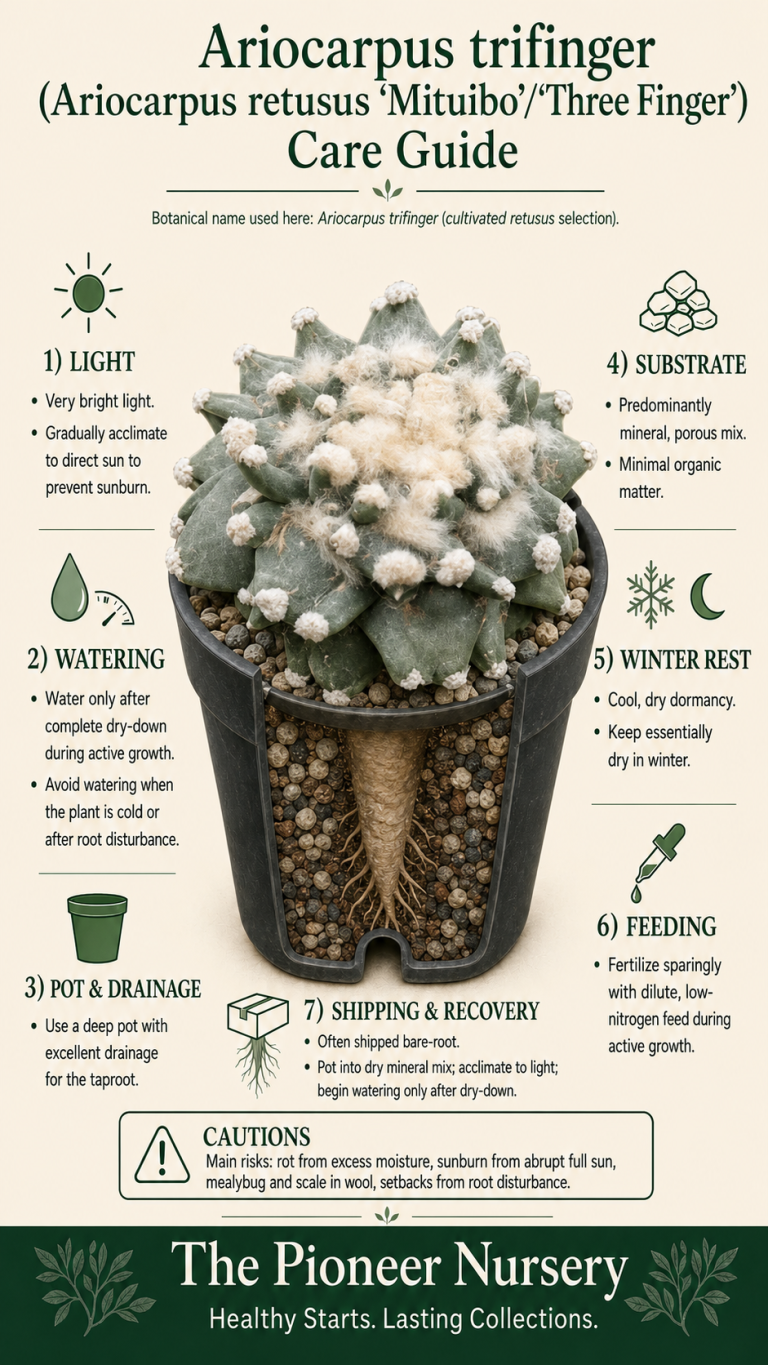 Ariocarpus trifinger, a Three Finger Ariocarpus retusus selection with three-pointed tubercles and a woolly crown, shown in a mineral substrate care guide.