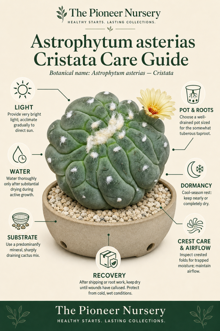 Crested Astrophytum asterias cactus with fan-shaped growth shown in a vertical care guide infographic