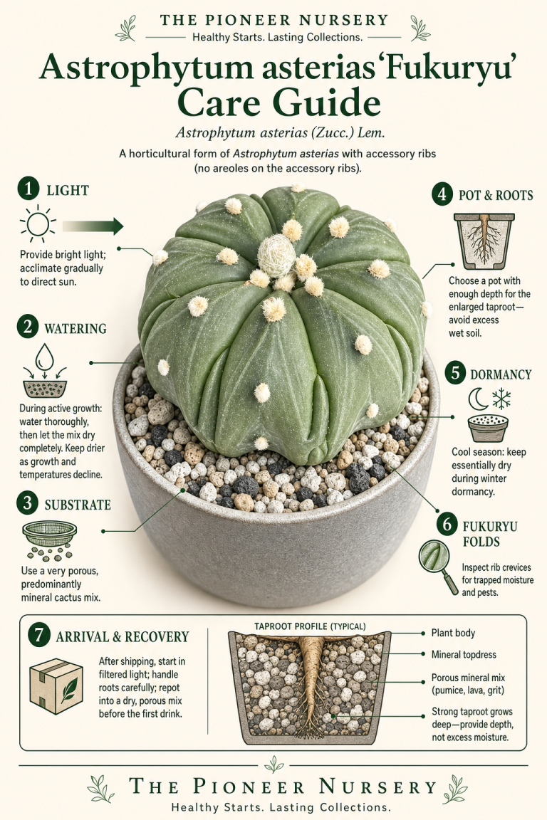 Astrophytum asterias ‘Fukuryu’ cactus showing its star-like form and accessory partial ribs in a bright, mineral-substrate care guide layout.