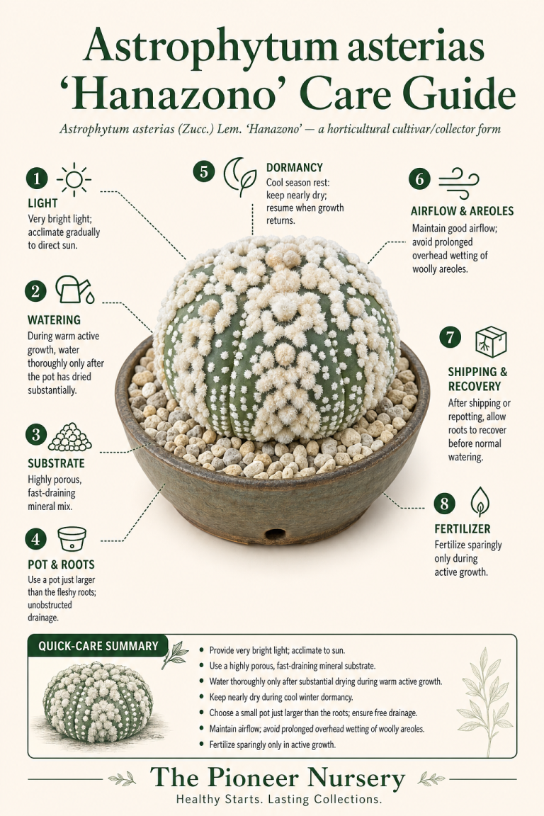 Astrophytum asterias ‘Hanazono’ cactus with additional woolly areoles in a clean care-guide infographic