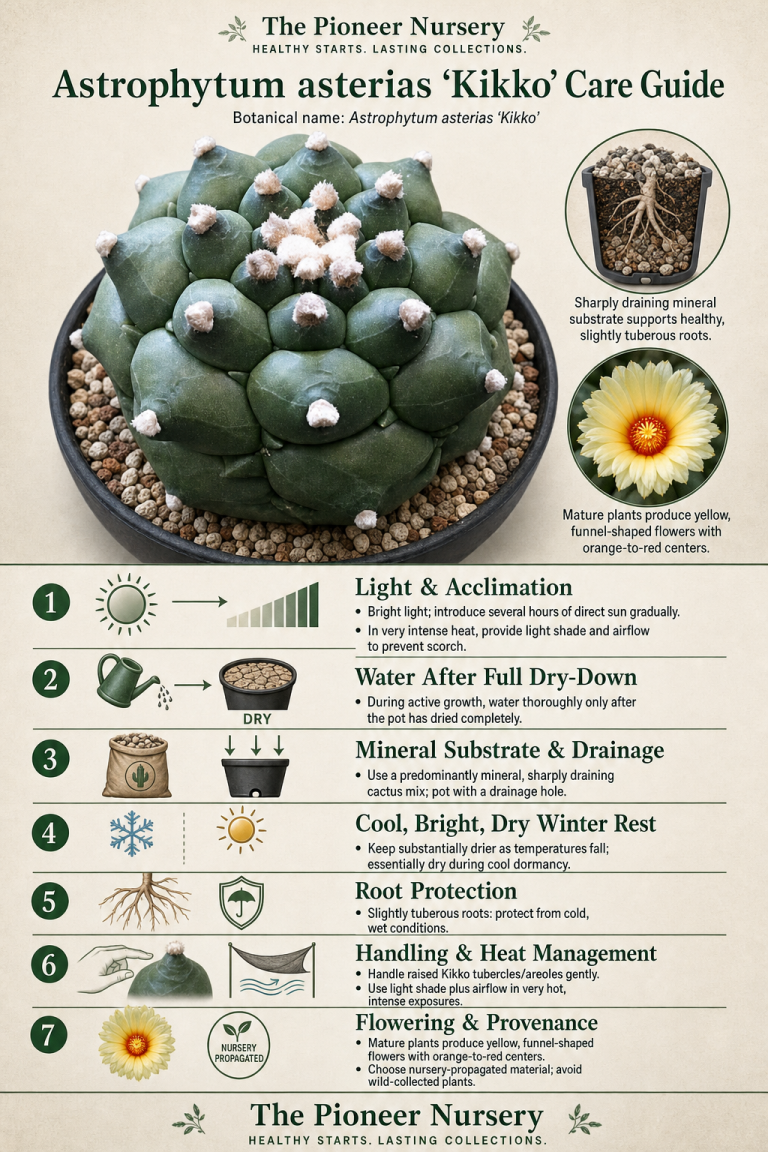 Astrophytum asterias ‘Kikko’ cactus with raised geometric tubercles in a mineral substrate, shown in a vertical care guide infographic.