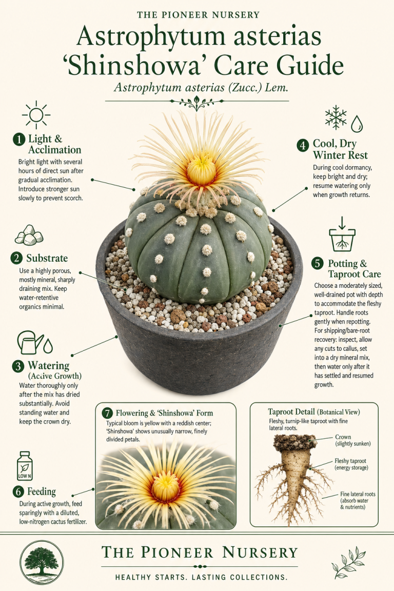 Astrophytum asterias ‘Shinshowa’ cactus with a flattened star-shaped body and finely divided yellow flower, shown in a mineral substrate care guide.