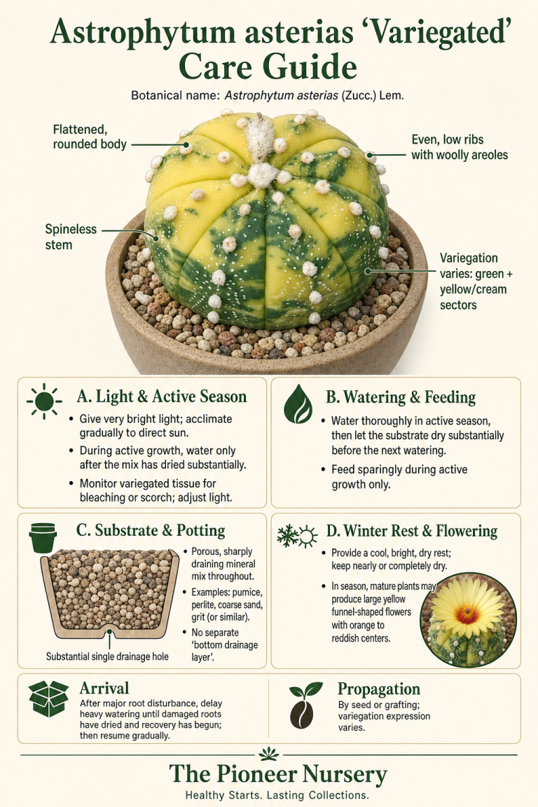 Variegated Astrophytum asterias star cactus with cream and green sectors shown in a vertical care guide infographic.