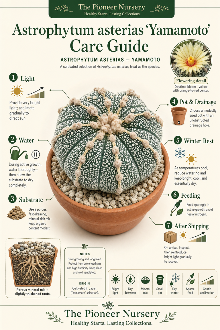 Astrophytum asterias ‘Yamamoto’ star cactus with symmetrical body and distinctive white surface patterning beside a vertical care infographic.