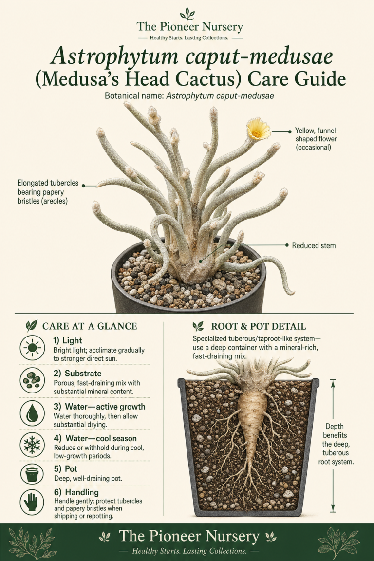 Astrophytum caput-medusae with elongated finger-like tubercles and papery bristles shown in a vertical cactus care guide infographic.