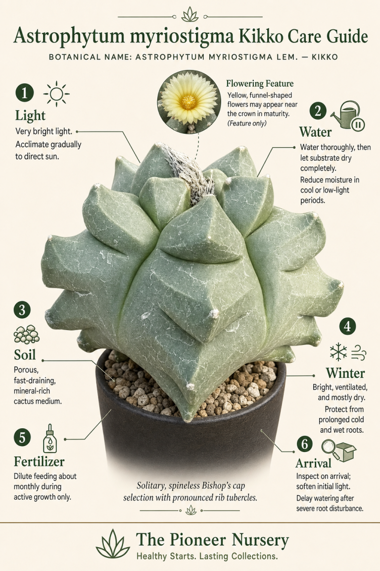 Astrophytum myriostigma Kikko cactus showing pointed rib tubercles in a vertical care guide infographic