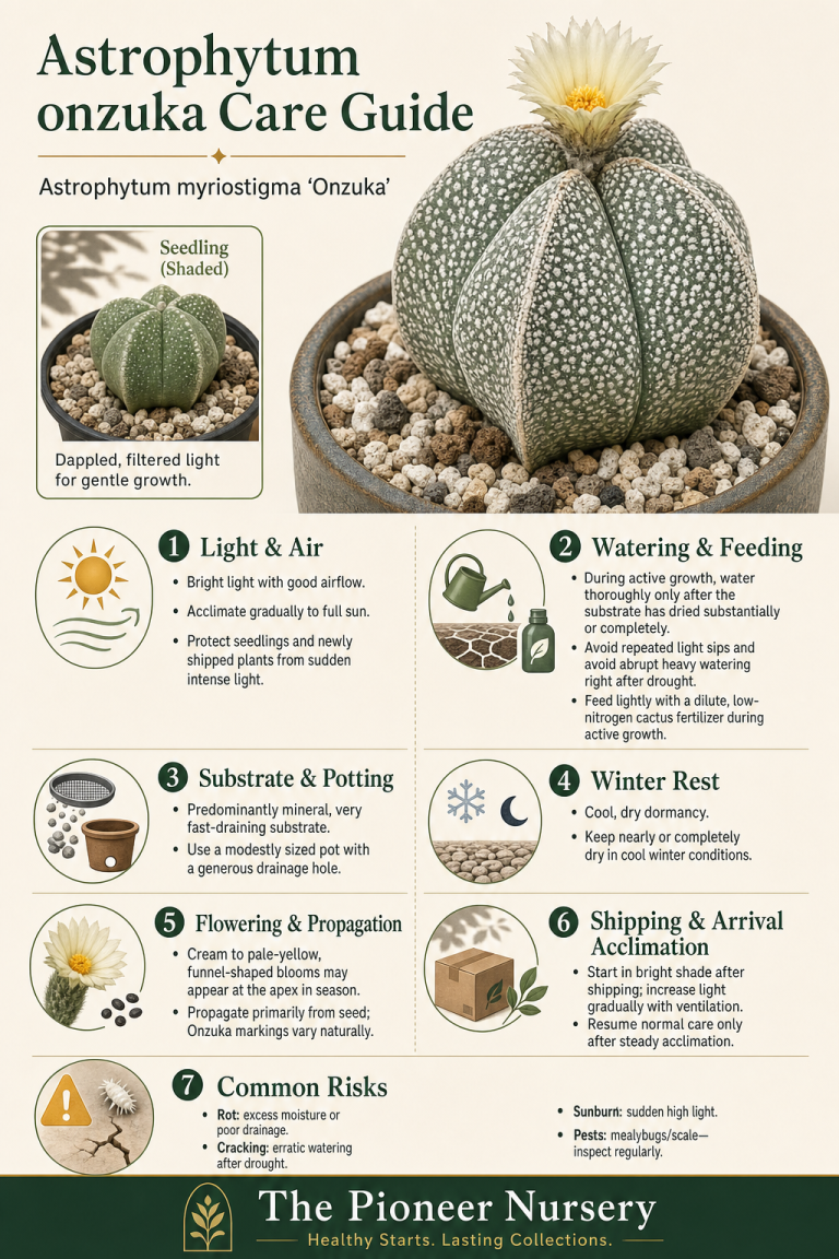 Astrophytum onzuka care guide showing a ribbed cactus with dense white markings and key care requirements