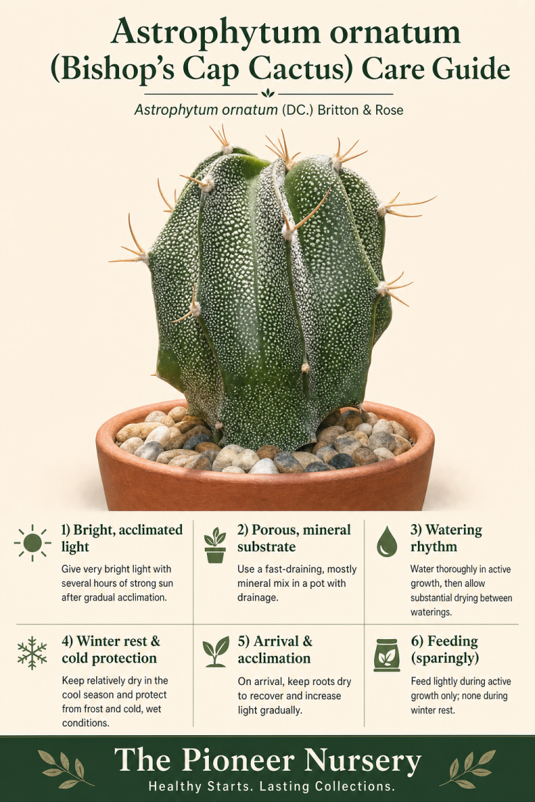 Astrophytum ornatum Bishop’s cap cactus with ribbed globular-to-columnar growth, spines, and white woolly scales, shown in mineral cactus substrate with concise care guidance.