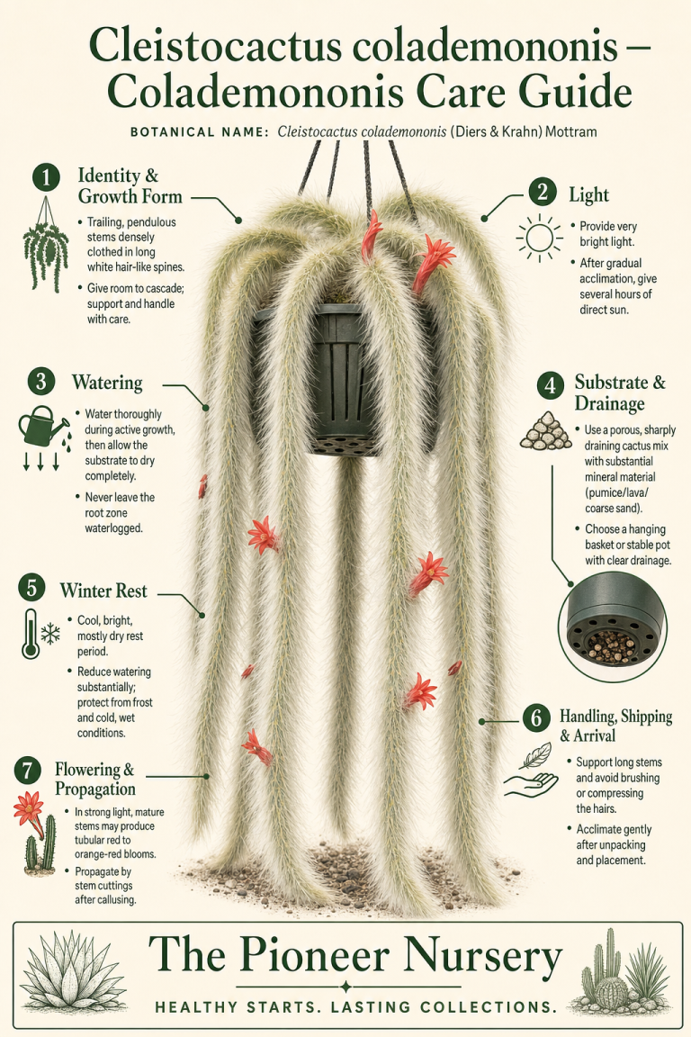 Cleistocactus colademononis monkey tail cactus with long trailing stems covered in dense white hair-like spines, shown in a vertical care guide infographic.