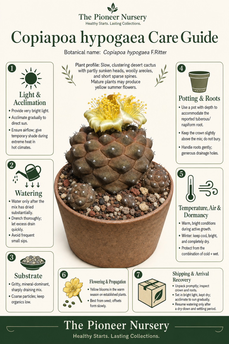 Copiapoa hypogaea underground copiapoa shown with clustered partly sunken stems, woolly areoles, yellow flowers, and a concise care guide layout.