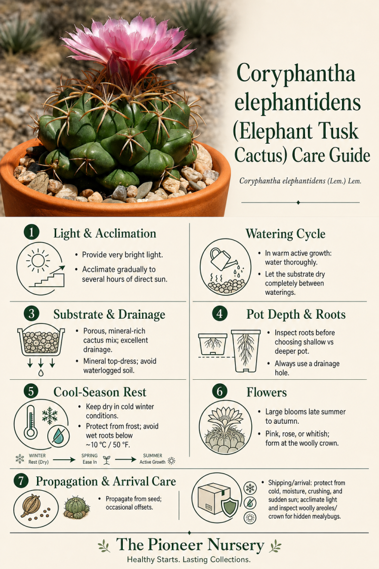 Coryphantha elephantidens elephant tusk cactus with rounded green body, woolly areoles, and large pink flowers in a vertical care guide infographic